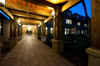 The exterior of Graham House via the breezeway